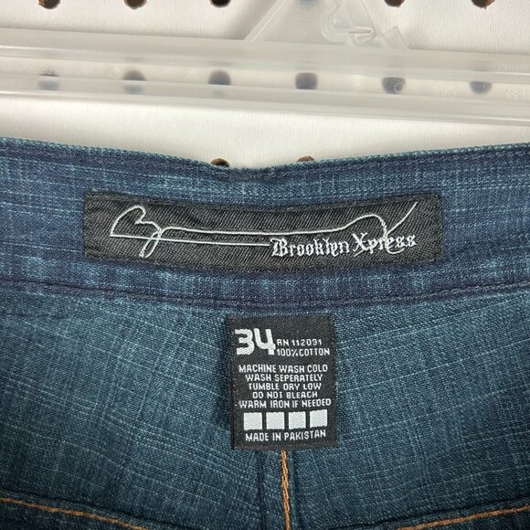 Brooklyn Xpress Dark Wash Jorts Size 34 Blue Jean Denim Embroidered Skater Punk - Picture 6 of 7